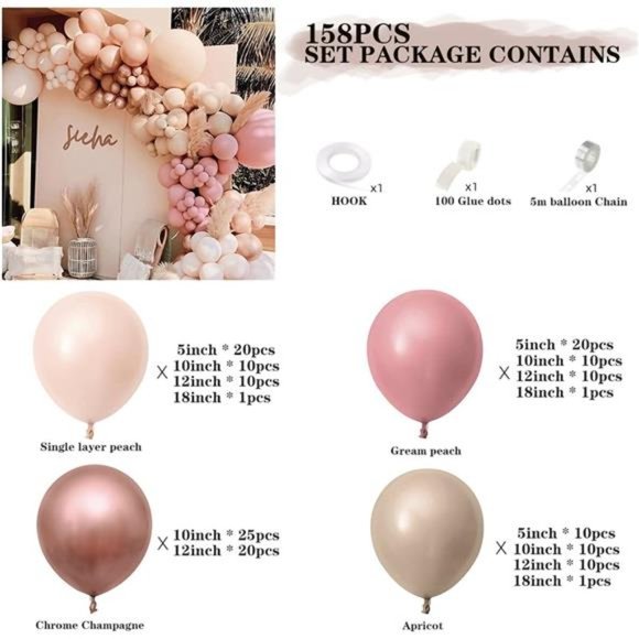 158Pcs Dusty Rose Pink Balloon Garland Kit Arch with Gream Peach, Peach, Apricot - Picture 4 of 7